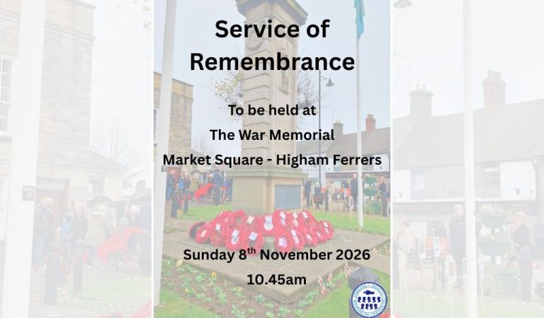 Poster for the Higham Ferrers Service of Remembrance showing red poppy wreaths at the foot of the War Memorial in Market Square, with the date of Sunday 8th November and the 10.45am start time