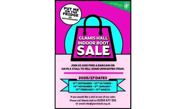 Colourful poster for the Glamis Hall Indoor Boot Sale in Wellingborough, showing a pink shopping bag on a cyan circle with the sale dates from September to March on a blue ribbon