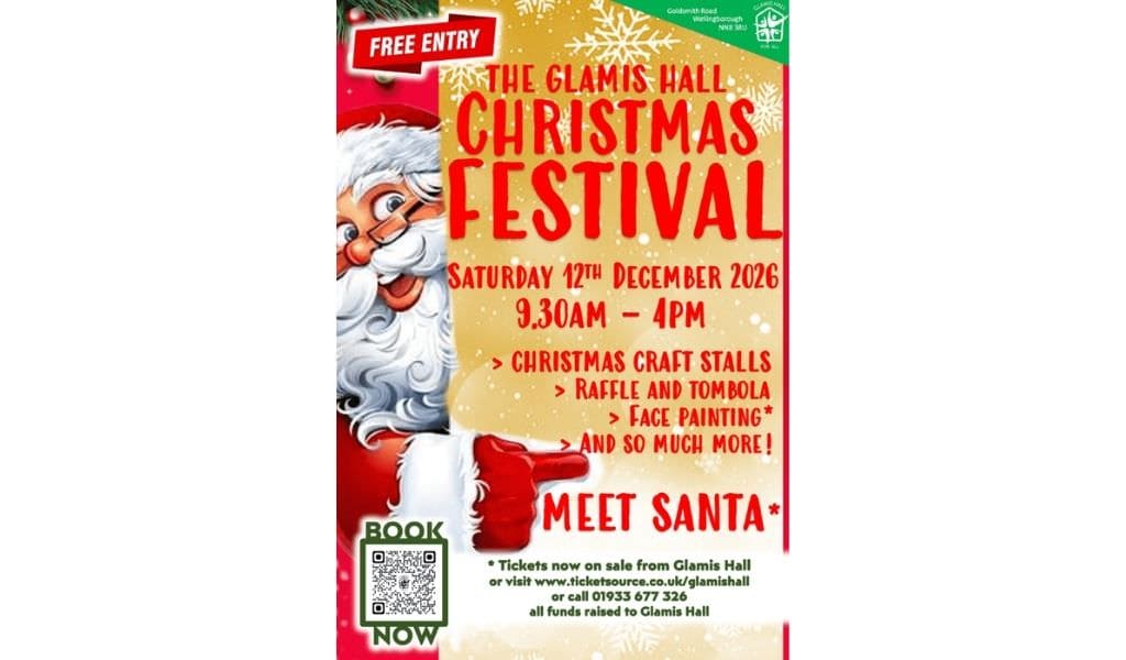 Poster for the Glamis Hall Christmas Festival in Wellingborough on Saturday 12th December, 9.30am to 4pm, showing a cartoon Santa pointing to craft stalls, raffle and tombola, face painting and meet Santa