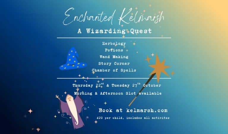 Enchanted Kelmarsh wizarding quest poster showing a cartoon wizard, a starry blue wizard hat and a magic wand