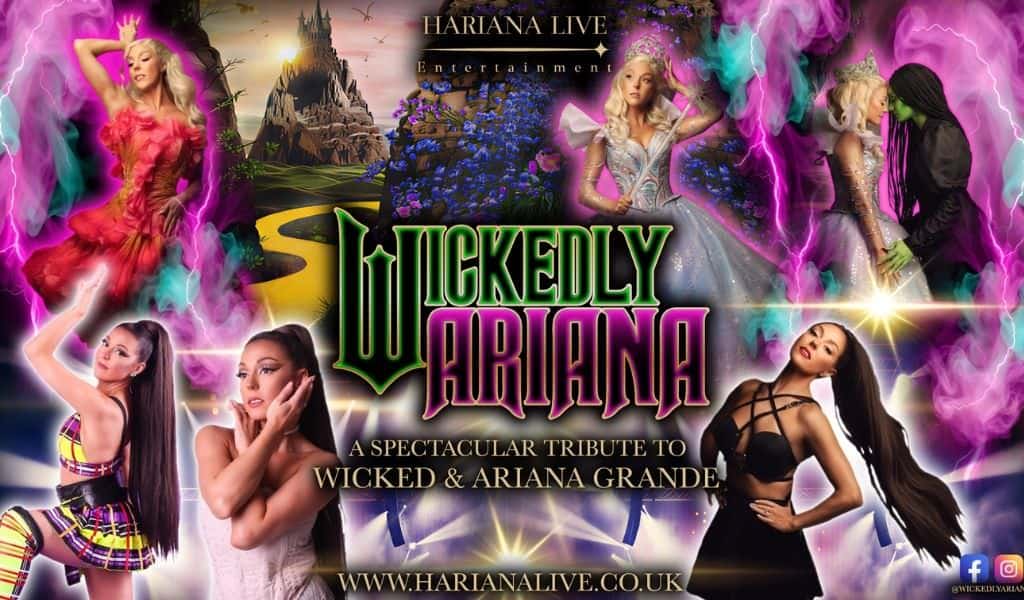 Wickedly Ariana show poster with Wicked-inspired costumes, a yellow brick road and performers with long high ponytails under stage lights