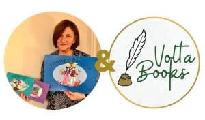 Poster for Grumpy Rosetta storytelling at Volta Books. It shows author Juliet Timpson holding her Grumpy Rosetta picture books beside the Volta Books quill and inkpot logo.