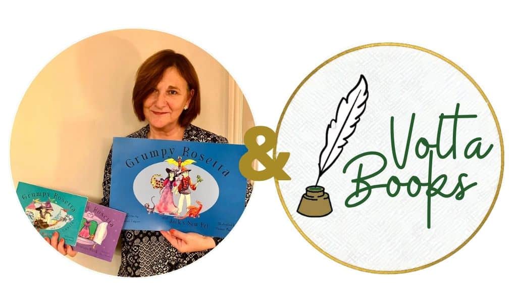 Poster for Grumpy Rosetta storytelling at Volta Books. It shows author Juliet Timpson holding her Grumpy Rosetta picture books beside the Volta Books quill and inkpot logo.